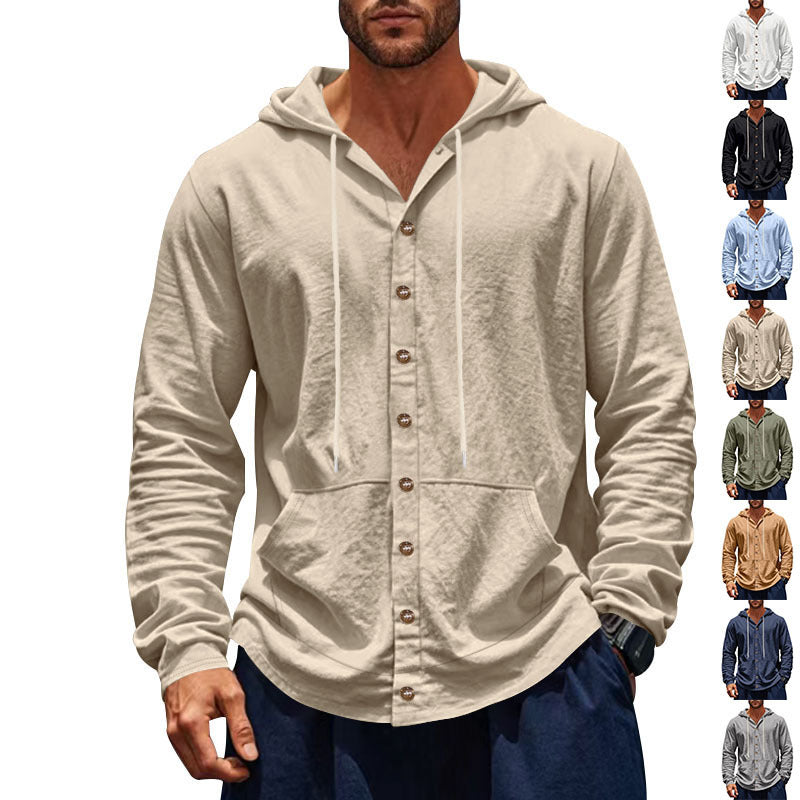 Herren nan schlanker Kapuzen-Cardigan mit durchgehender Knopfleiste aufgesetzter Kängurutasche und leichtem Strukturstrick Drune