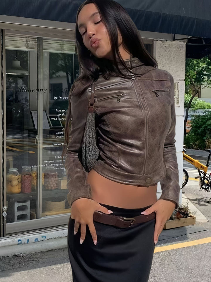 Damen trendige Bikerjacke aus hochwertigem Kunstleder Drune