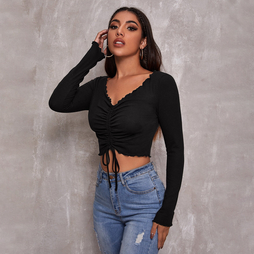 Damen geripptes Cropped-Longsleeve mit Tunnelzugvorderseite, Bindekordeln und gewelltem Saum Drune