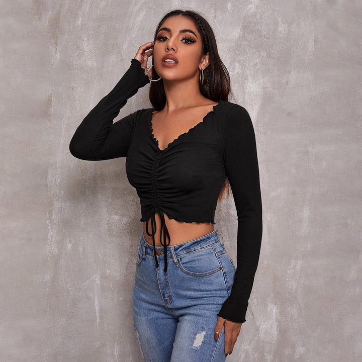 Damen geripptes Cropped-Longsleeve mit Tunnelzugvorderseite, Bindekordeln und gewelltem Saum Drune