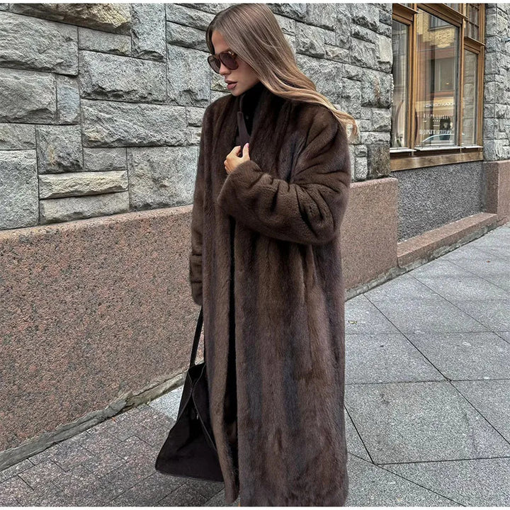 Damen Luxuriöser Kunstfellmantel mit weitem Schnitt und eleganten Details Drune