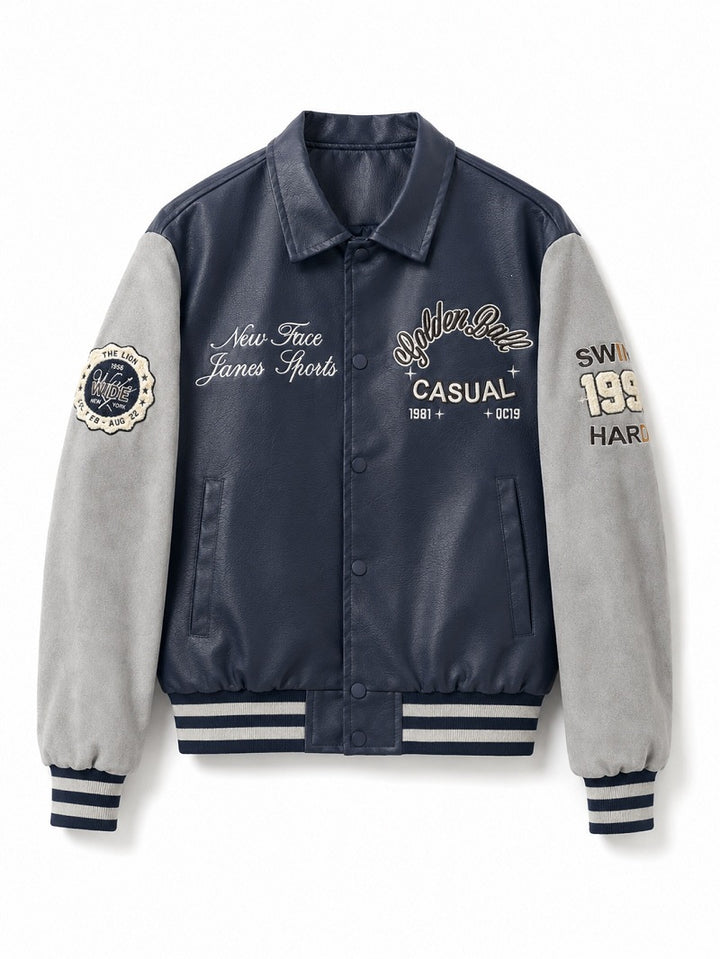 Herren Varsity-Bomberjacke im College-Stil mit Kunstleder-Körper, Veloursleder-Optikärmeln und bestickten Patches Drune