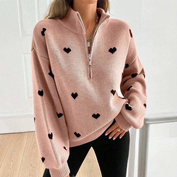 Damen Oversize Strickpullover mit Half-Zip und Herzmotiv Drune
