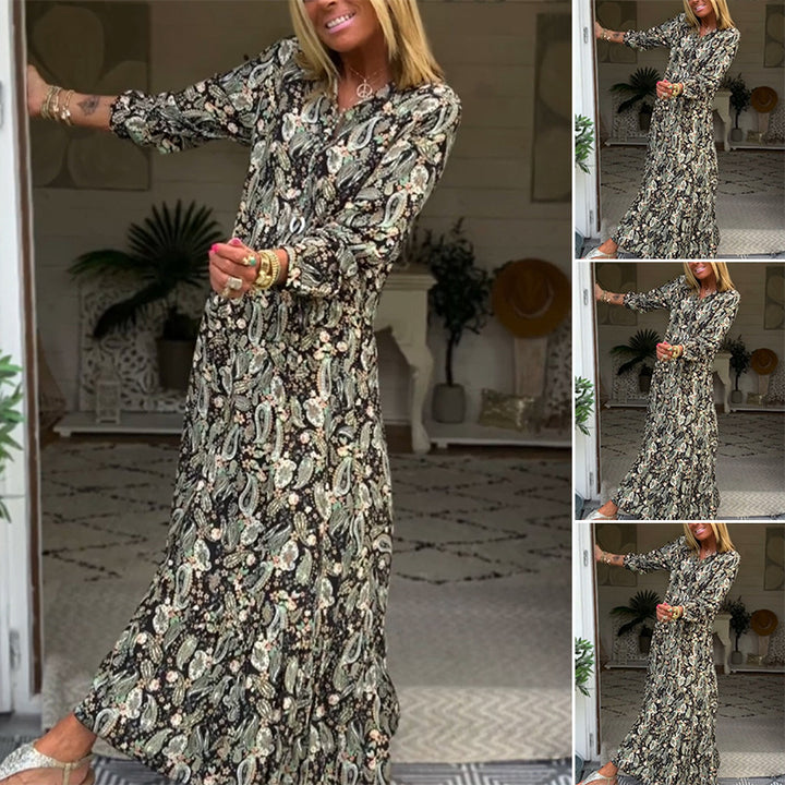 Damen nan Boho-Maxi-Kleid mit Paisley-Print, V-Ausschnitt, geraffter Taillenpasse und Volantstufen Drune