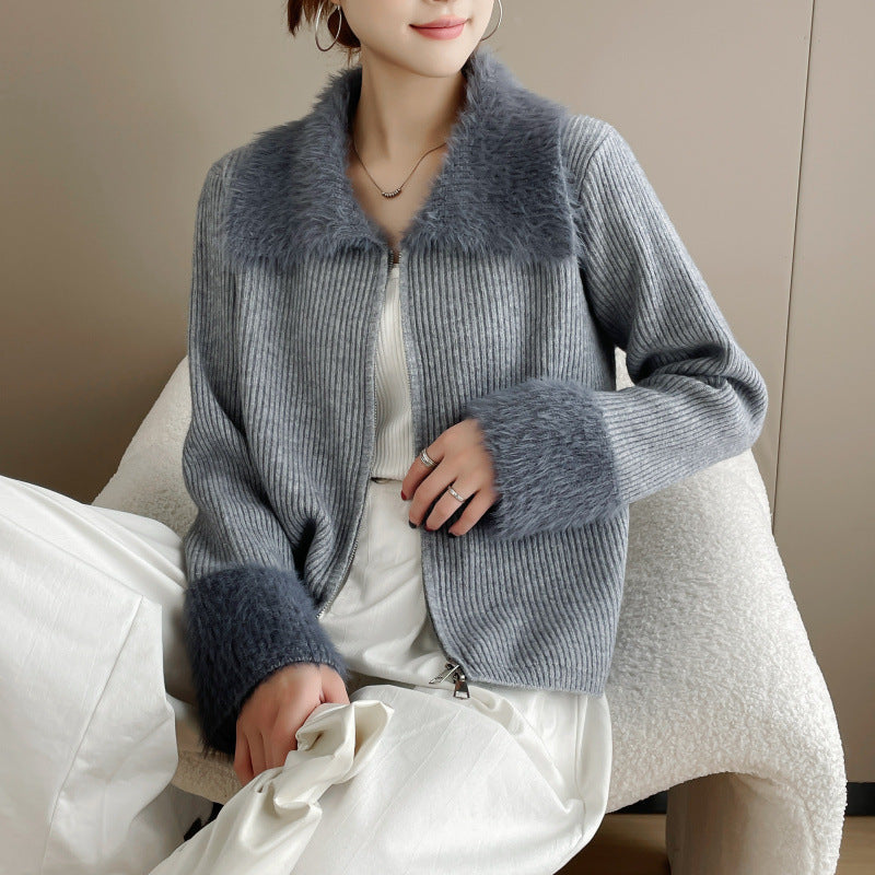 Damen Strickjacke mit luxuriösem Kunstfellkragen und Rippstrick Drune