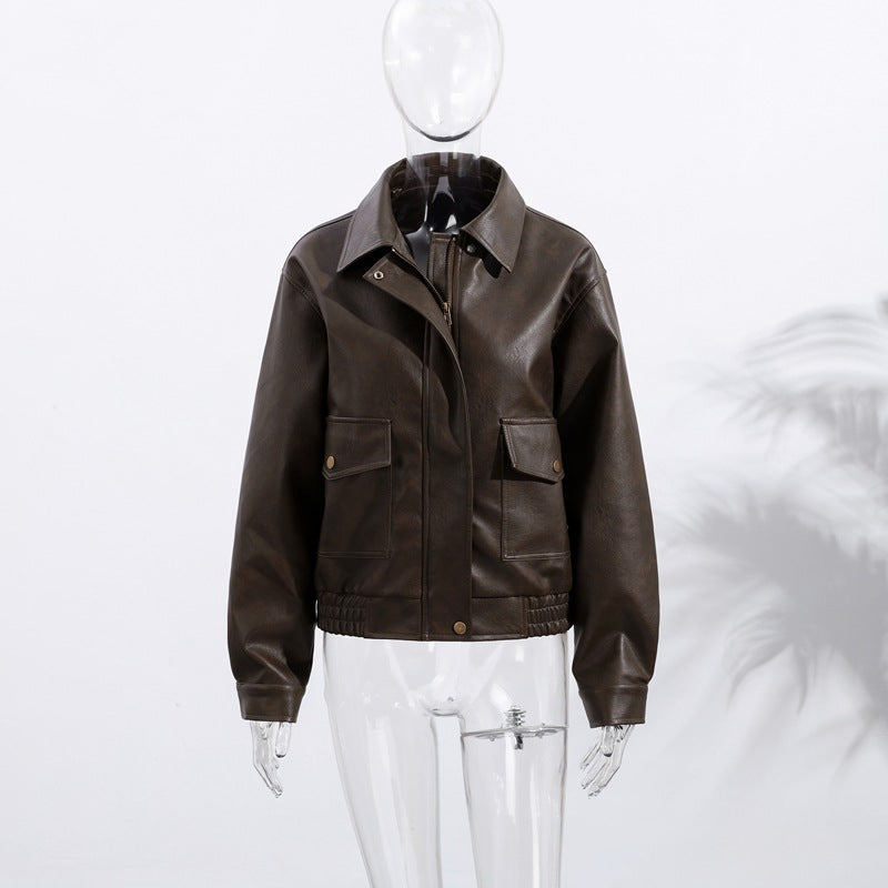 Damen Lässige Kunstlederjacke mit praktischen Taschen und elastischem Saum Drune