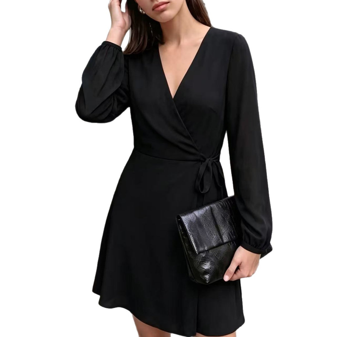 Damen Elegantes Wickel-Minikleid mit tiefem V-Ausschnitt und langen Ärmeln Drune