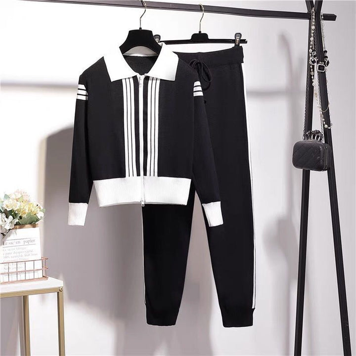 Damen modisches Strick-Loungewear-Set mit Reißverschluss und sportlichen Details Drune