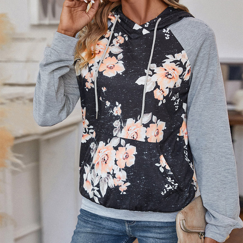 Damen Casual-Kapuzenpullover mit floralem Vintage-Print, Raglanärmeln und Kängurutasche Drune