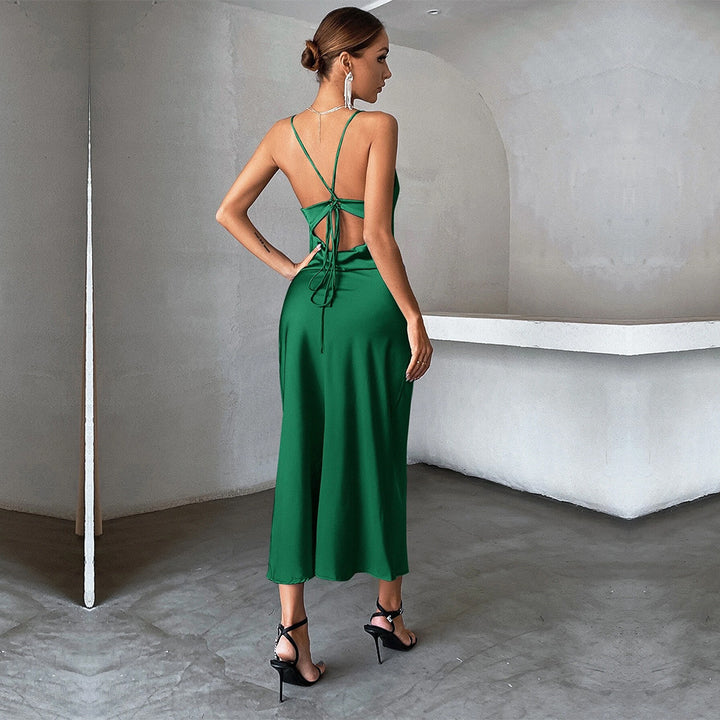 Damen elegantes Satin-Maxikleid mit Spaghetti-Trägern und fließendem Schnitt Drune