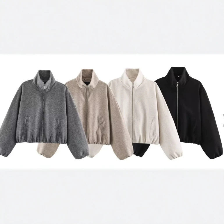 Damen Kurz geschnittene Bouclé‑Blousonjacke mit Stehkragen, elastischem Saum und Ballonärmeln Drune