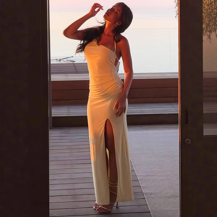 Damen Elegantes Maxikleid mit asymmetrischem Ausschnitt und Schlitz Drune
