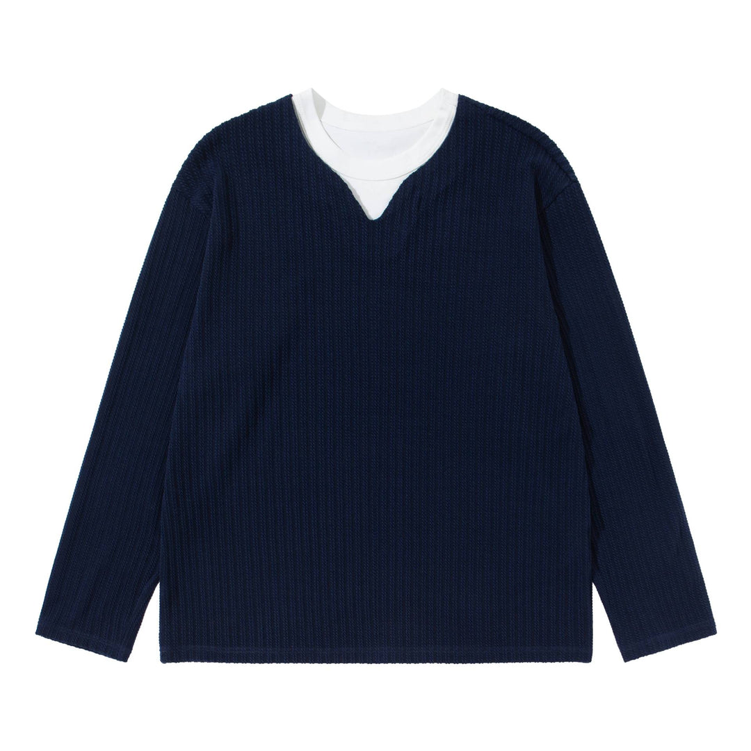 Unisex Gerippter Langarmpullover mit V-Notch und eingesetztem Rundhals-Underlayer Drune