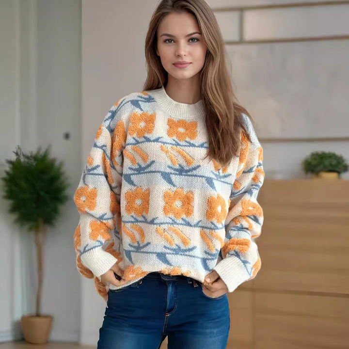 Damen kuscheliger Strickpullover mit floralen 3D-Applikationen Drune
