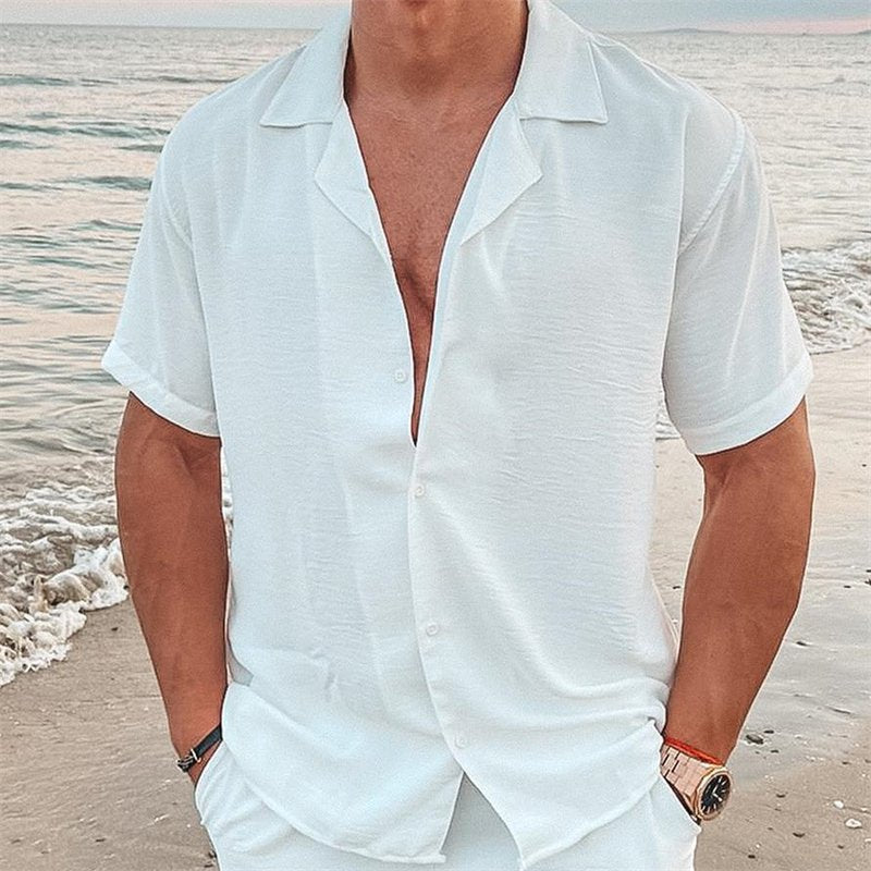 Herren nan luftiges Strandhemd aus Leinenmix mit Reverskragen und offener Knopfleiste Drune