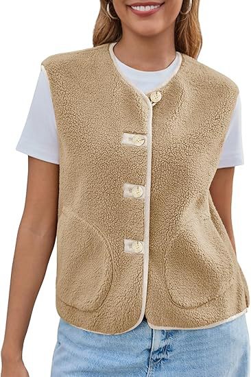 Damen Teddy-Fleece-Weste mit Rundhalsausschnitt und Knopfverschluss Drune