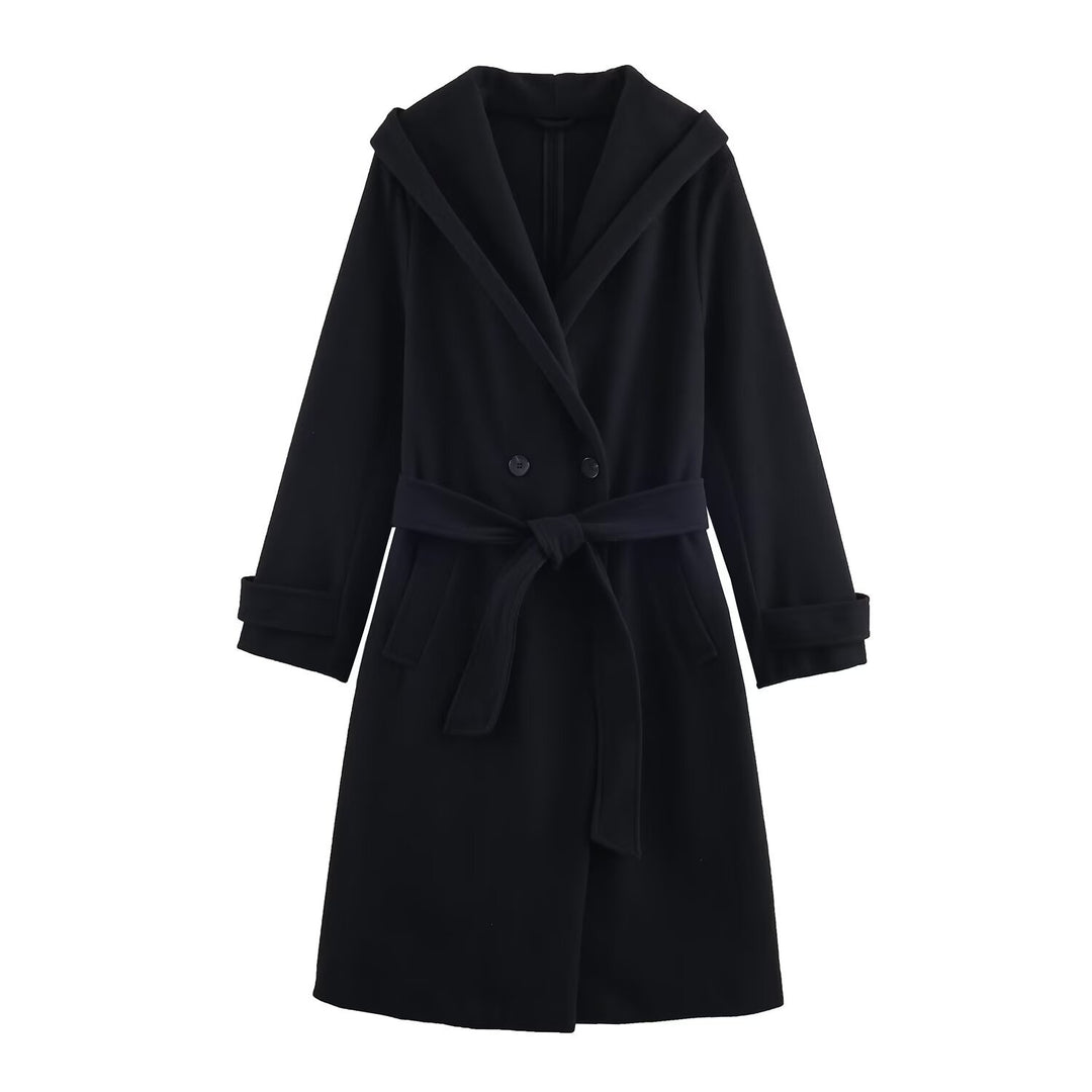 Drune | Damen Woll Winterjacke mit Kapuze und Gürtel im knielangen Stil