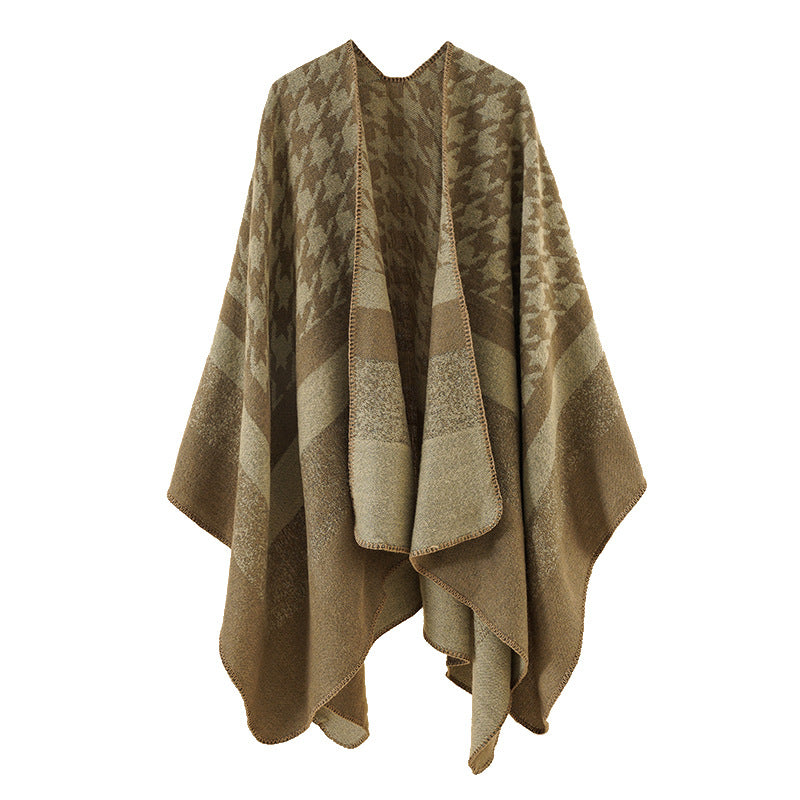 Damen Oversize‑Ruana‑Poncho aus Wollmix mit Hahnentritt- und Blockjacquard Drune