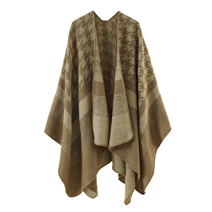 Damen Oversize‑Ruana‑Poncho aus Wollmix mit Hahnentritt- und Blockjacquard Drune