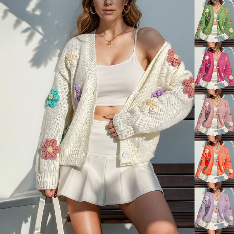 Damen Strickjacke mit floralem Design und verschlüsseltem Muster Drune
