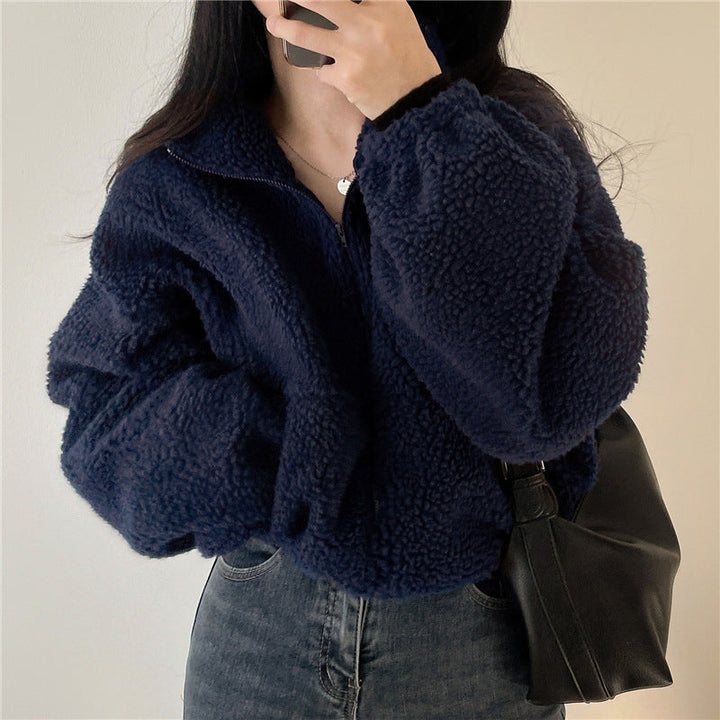Damen kuschelige Fleece-Jacke mit hohem Kragen und Reißverschluss Drune