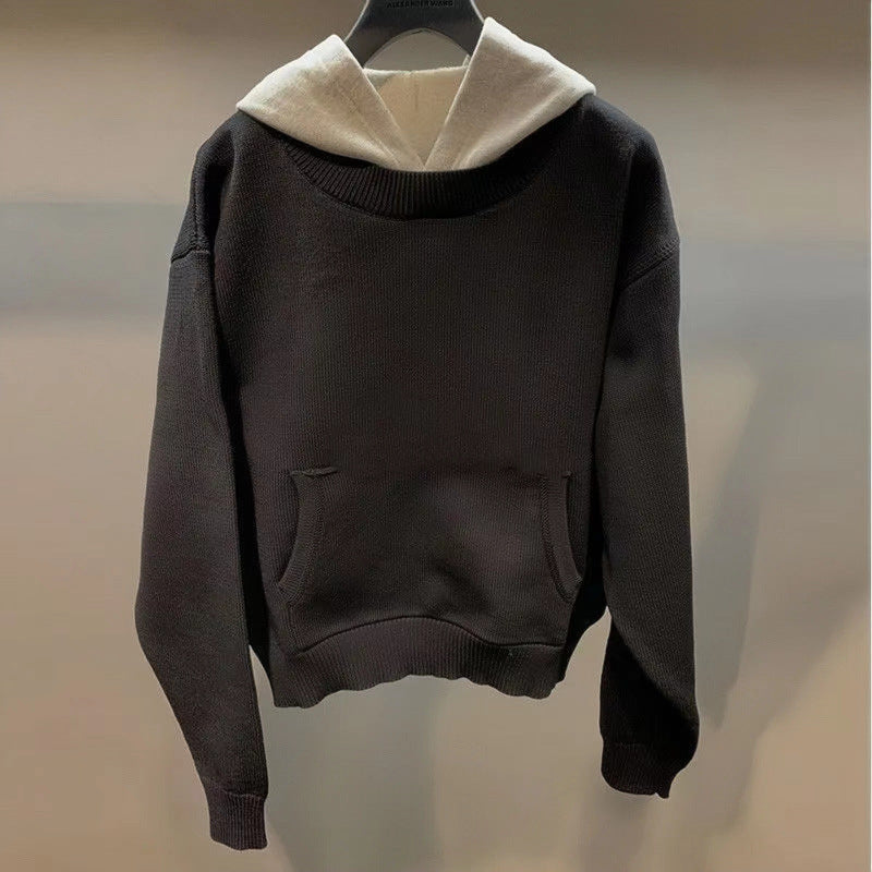 Unisex Grobgestricktes Lagenlook-Sweatshirt mit Kontrastkapuze und Kängurutasche Drune
