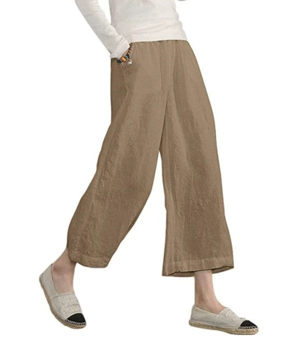 Damen weite Leinenhose mit seitlichen Taschen und elastischem Bund Drune