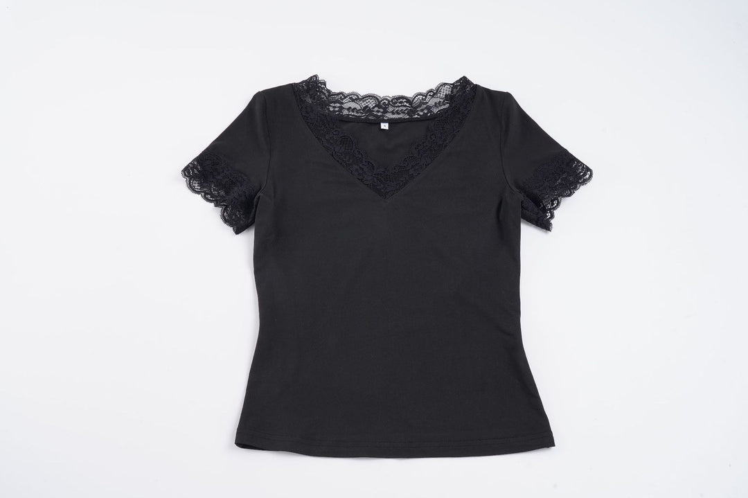 Damen Elegantes Spitzen-T-Shirt mit V-Ausschnitt und Kurzarm Drune