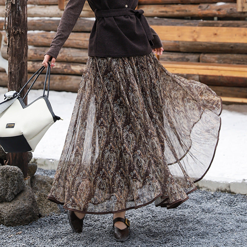Damen nan voluminöser Chiffon-Tellerrock im Paisley-Motiv mit elastischem Taillenbund Drune