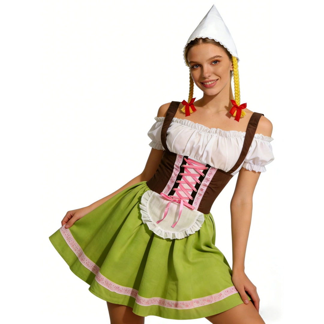 Damen nan traditionelles Oktoberfest Dirndl Kostüm mit Schnürkorsett, Schürze und Zipfelmütze Drune