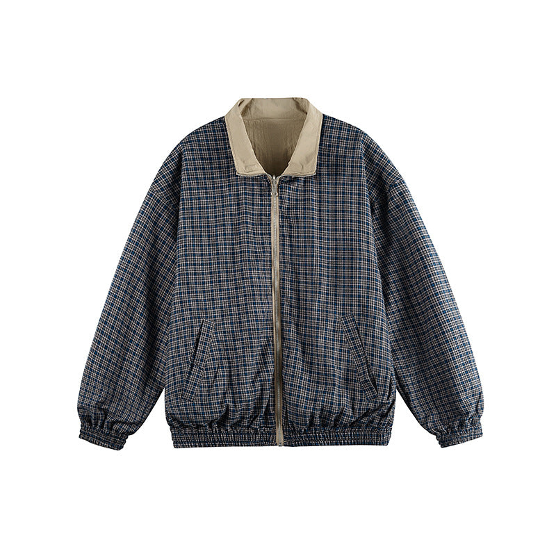 Unisex Leichte Oversize-Zipjacke im Bomberstil mit kariertem Kragen und elastischen Bündchen Drune