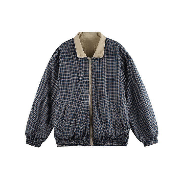 Unisex Leichte Oversize-Zipjacke im Bomberstil mit kariertem Kragen und elastischen Bündchen Drune