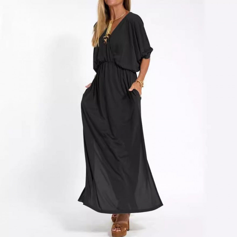 Damen lässiges Maxikleid mit V-Ausschnitt und seitlichen Schlitzen Drune
