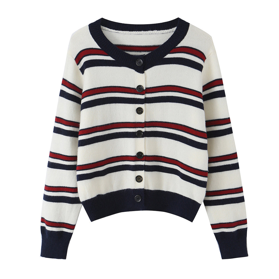 Damen nan gestreifte Strickjacke mit Knopfleiste, V-Ausschnitt und tailliertem Bund Drune