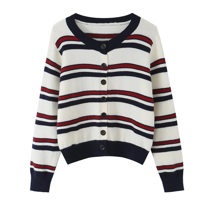 Damen nan gestreifte Strickjacke mit Knopfleiste, V-Ausschnitt und tailliertem Bund Drune