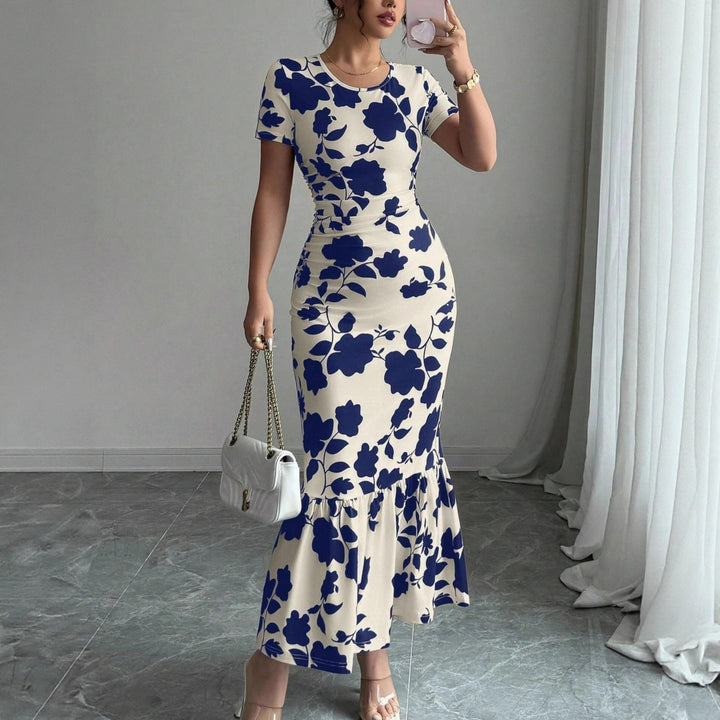 Damen Elegantes figurbetontes Kleid mit Rüschen-Saum und floralem Muster Drune