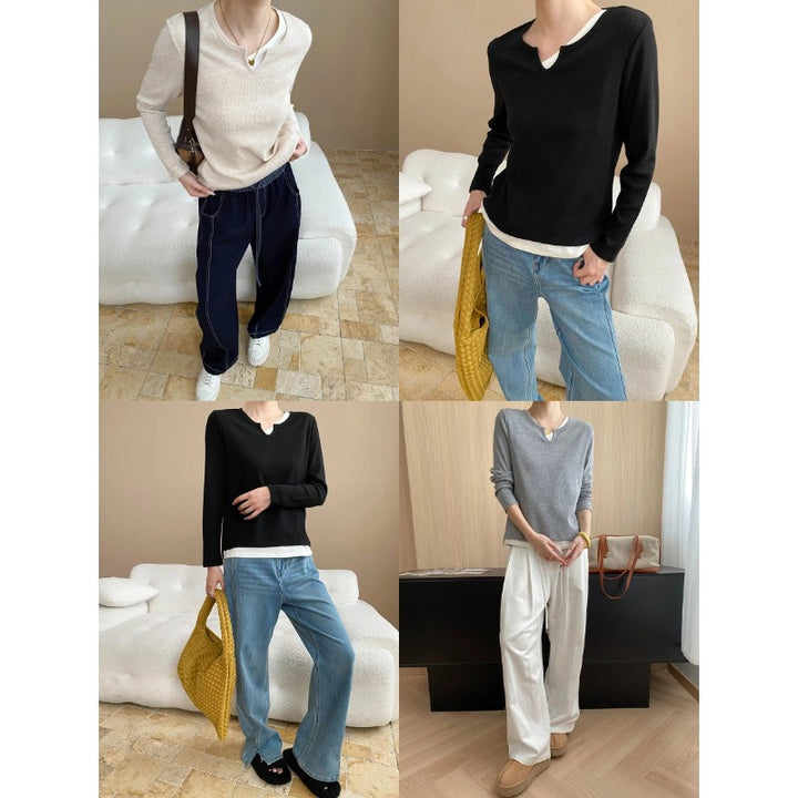 Damen Langarmshirt mit kreativem V-Ausschnitt und feiner Struktur Drune