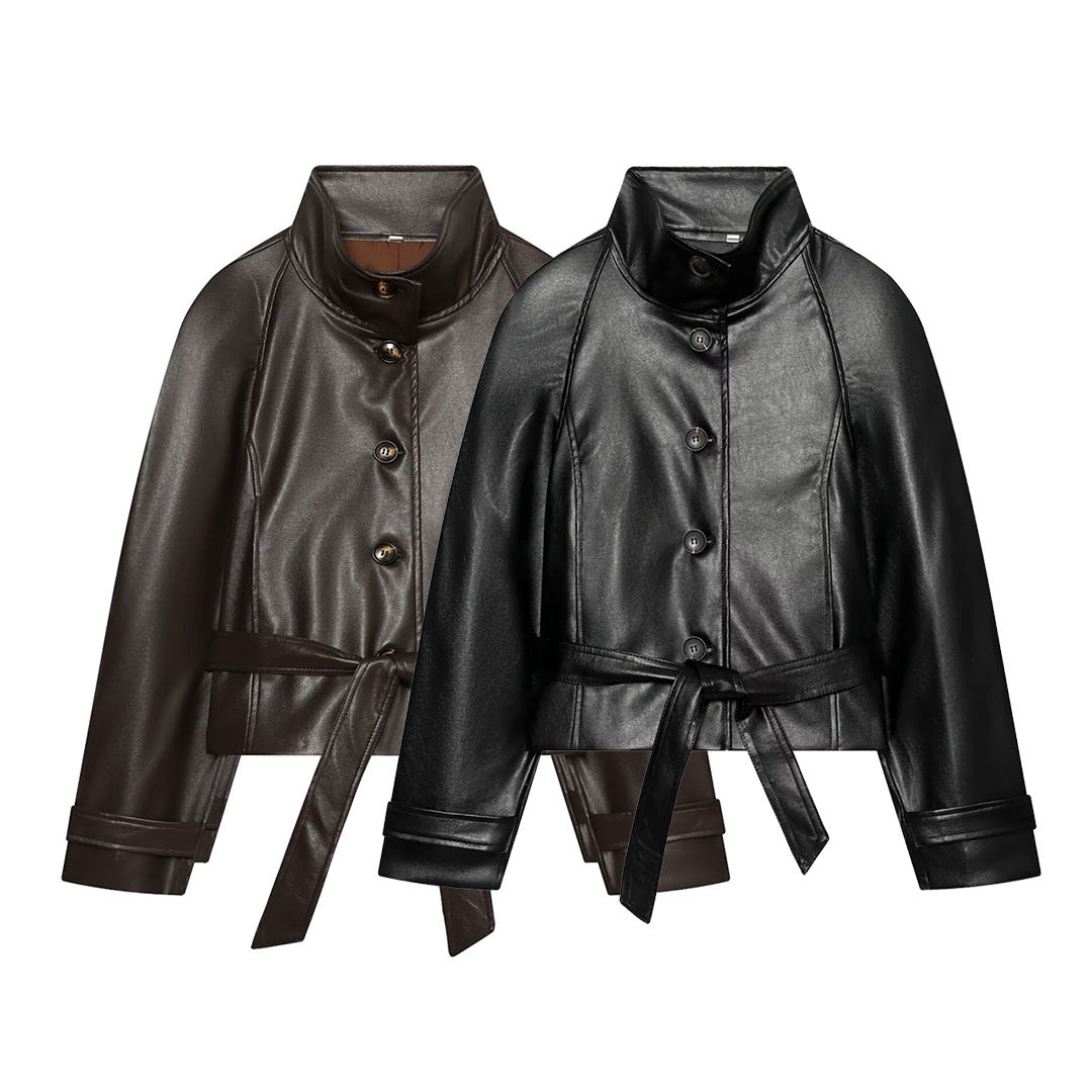 Damen Taillierte Cropped Veganlederjacke mit Stehkragen und Bindegürtel Drune