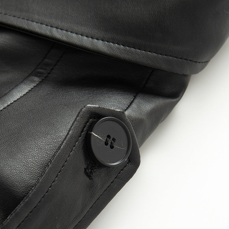 Damen nan kurz geschnittene Trench-Optik Kunstlederjacke mit Bindegürtel und Schulterpatten Drune