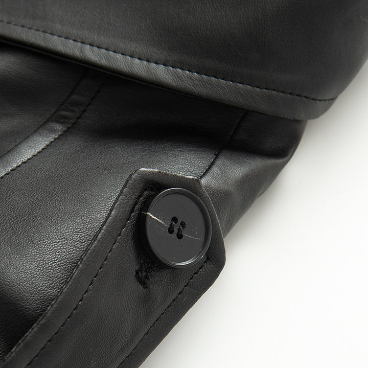 Damen nan kurz geschnittene Trench-Optik Kunstlederjacke mit Bindegürtel und Schulterpatten Drune