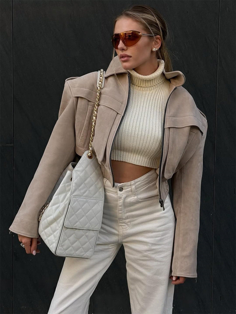 Damen Kurzblouson aus Veloursleder‑Optik mit Oversize‑Schulter und verdecktem Reißverschluss Drune
