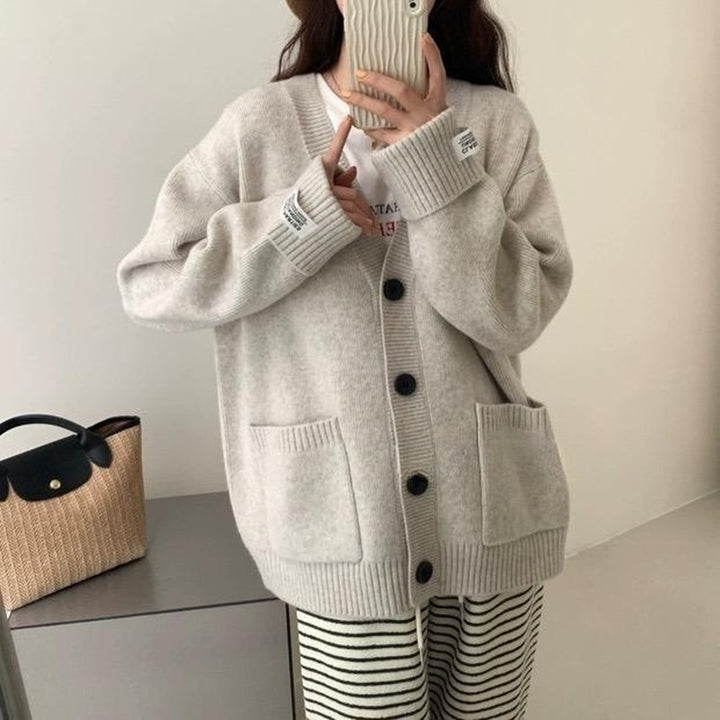 Damen Lässiger Oversized Cardigan mit großen Taschen und knöpfbaren Details Drune