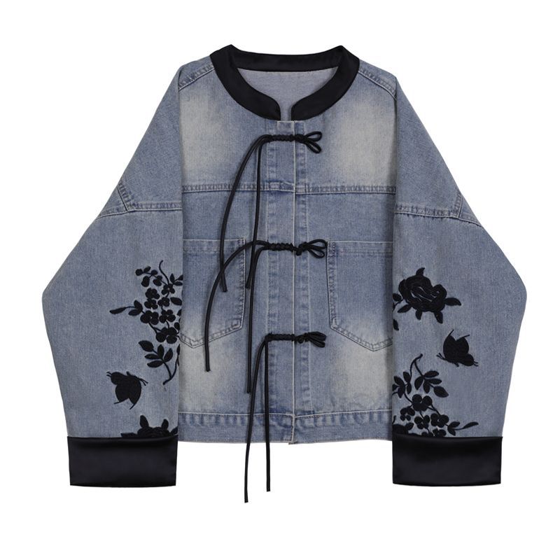 Damen modische Denimjacke mit floralen Stickereien und eleganten bündchen Drune