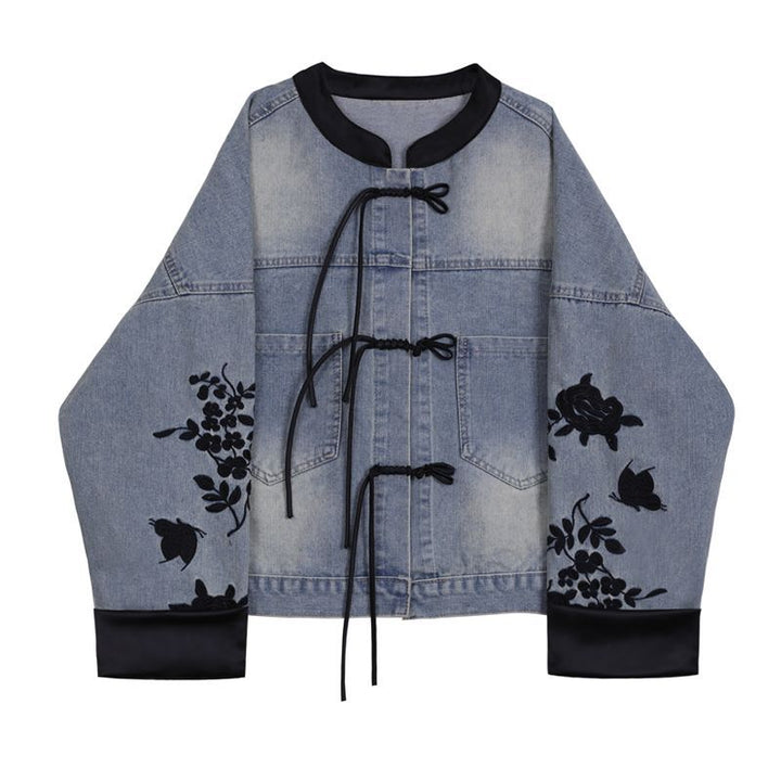 Damen modische Denimjacke mit floralen Stickereien und eleganten bündchen Drune