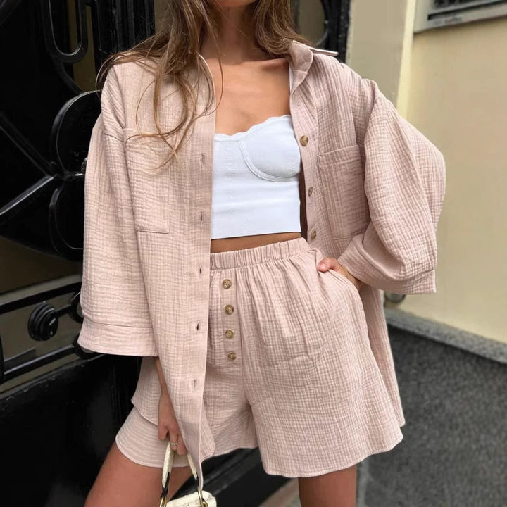 Damen Leichtes Kurzarm-Hemd und Shorts-Set Drune