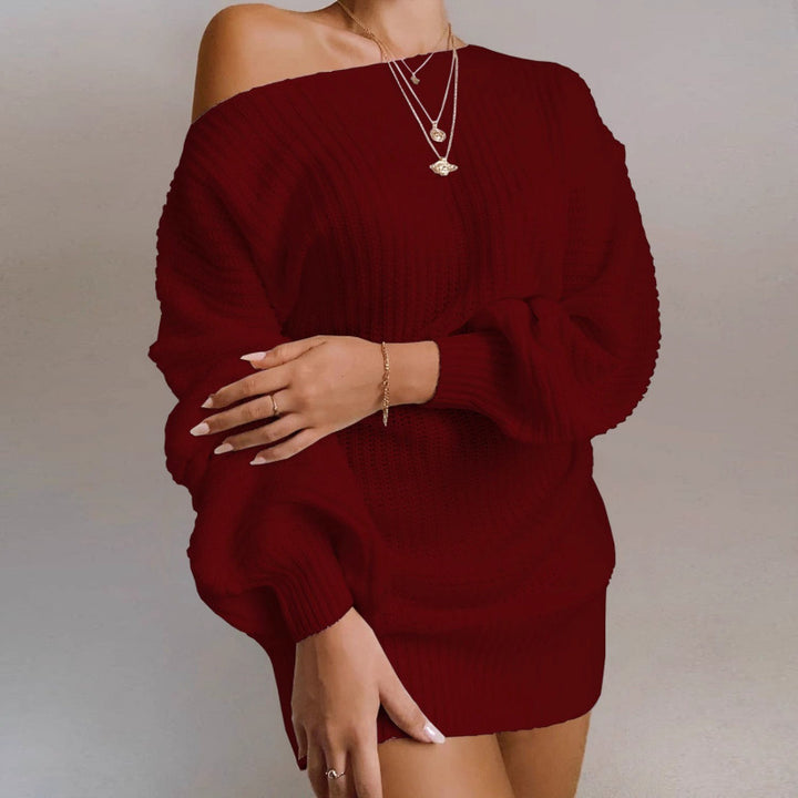 Damen Strickpullover Kleid mit off-shoulder Ausschnitt und voluminösen Ärmeln Drune