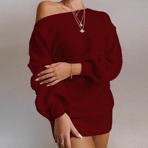 Damen Strickpullover Kleid mit off-shoulder Ausschnitt und voluminösen Ärmeln Drune