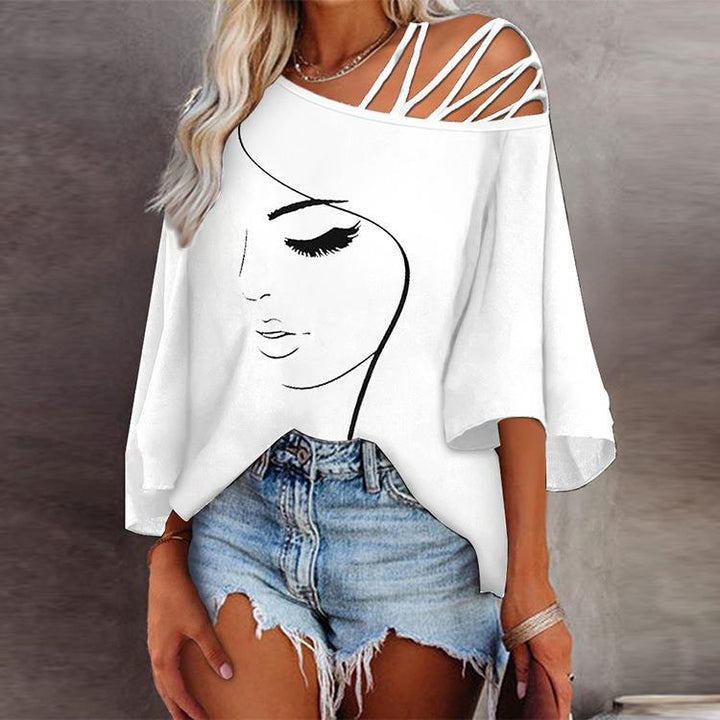 Damen Tunika mit asymmetrischem Trägerdesign und stylisierter Gesichtsgrafik Drune