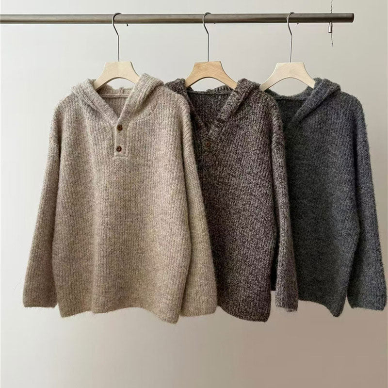Damen bequemer Strickpullover mit Knopfleiste und Kapuze Drune