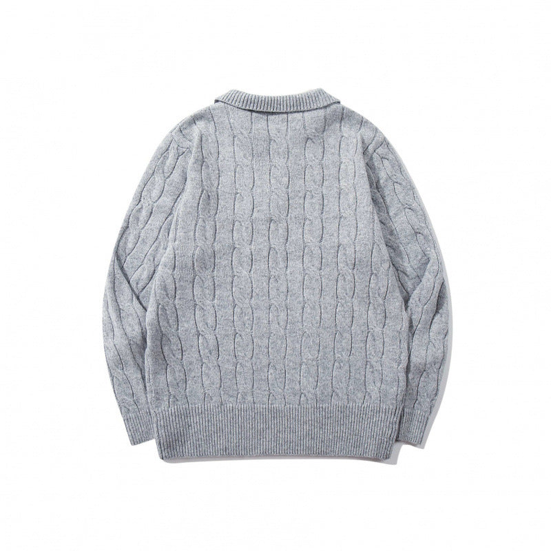Herren Grobgestrickter Zopfmuster-Pullover mit Polokragen und V‑Ausschnitt Drune